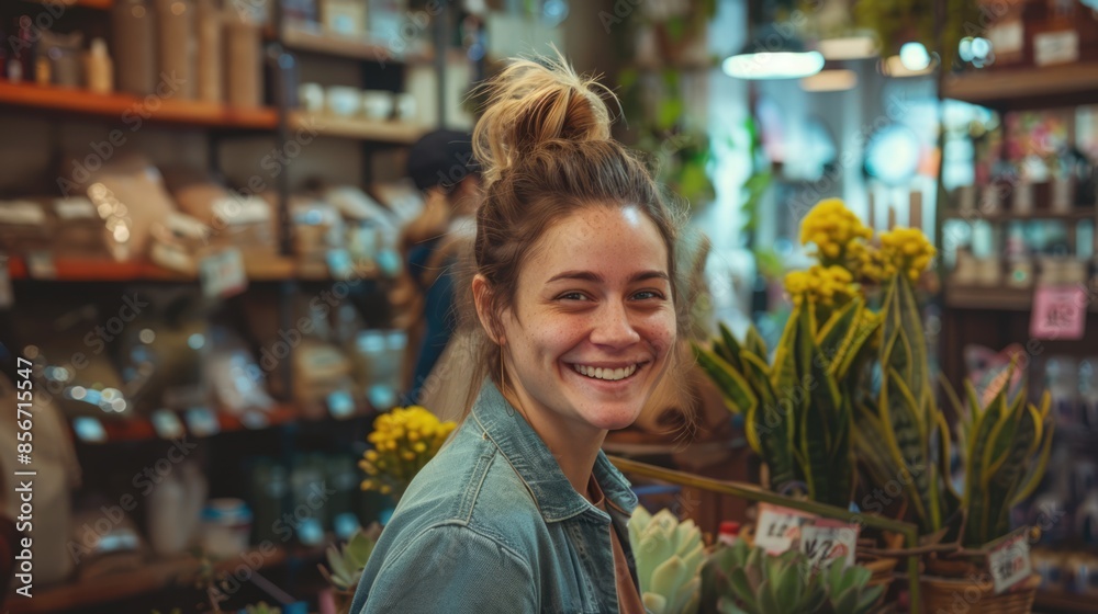 Portrait of a smiling woman in a shop