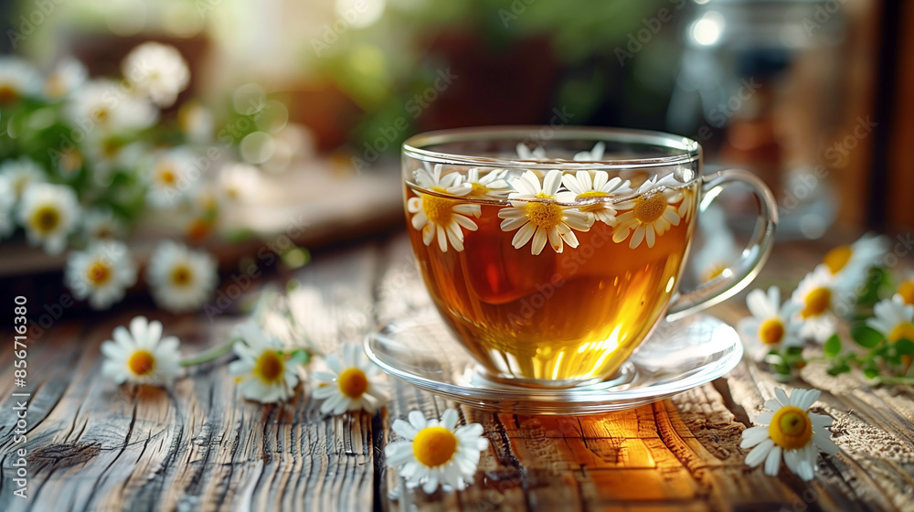 Cup of chamomile on a table full of daisies. Cup of chamomile on a table full of daisies.