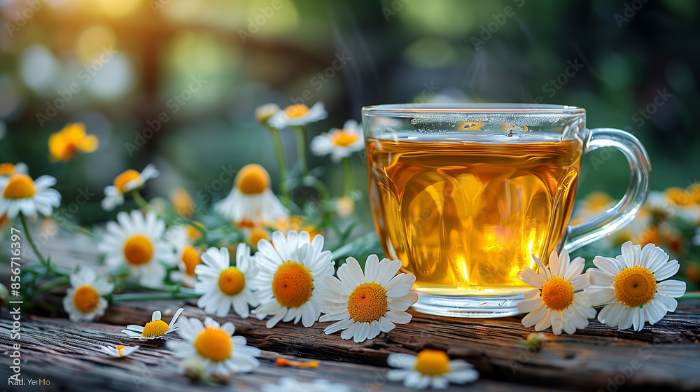 Cup of chamomile on a table full of daisies. Cup of chamomile on a table full of daisies.