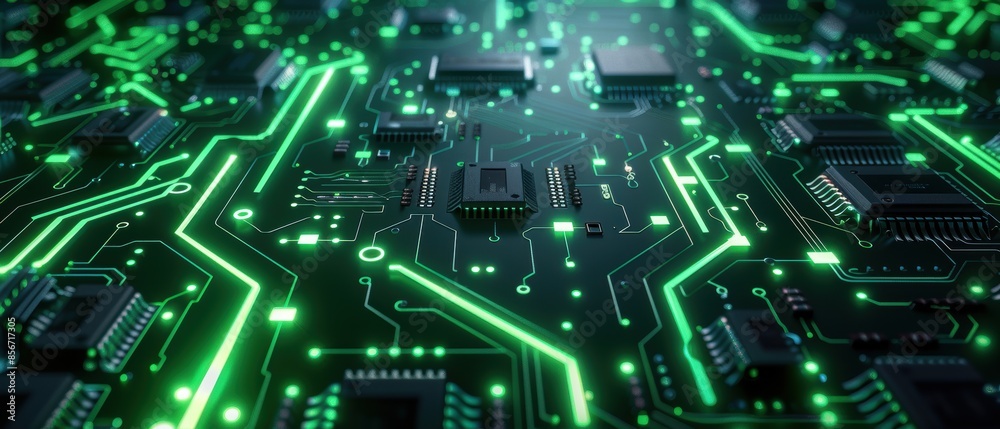 Green Circuit Board with Glowing Lines. Green Circuit Board with Glowing Lines.