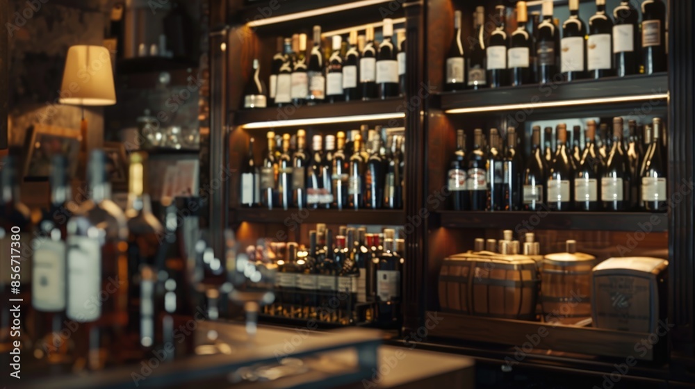 A collection of wine bottles displayed on a shelf, suitable for use in food and drink related contexts A collection of wine bottles displayed on a shelf, suitable for use in food and drink related contexts
