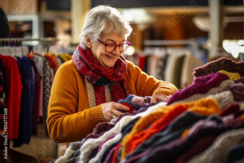 Senior woman checking the quality of a sweater while secondhand shopping