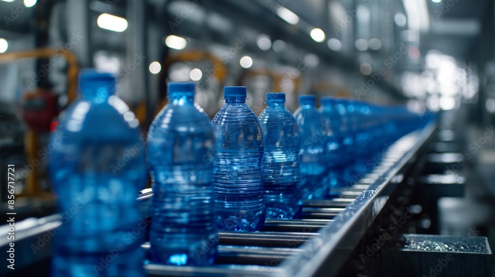 A row of water bottles on a production line in a factory, highlighting industrial production and manufacturing, perfect for industrial and manufacturing-themed projects. A row of water bottles on a production line in a factory, highlighting industrial production and manufacturing, perfect for industrial and manufacturing-themed projects.