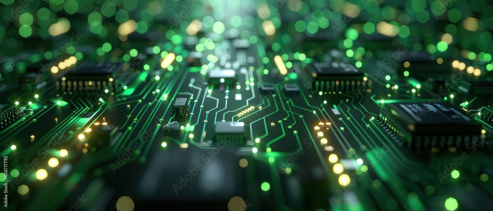 Green Circuit Board with Glowing Lights. Green Circuit Board with Glowing Lights.