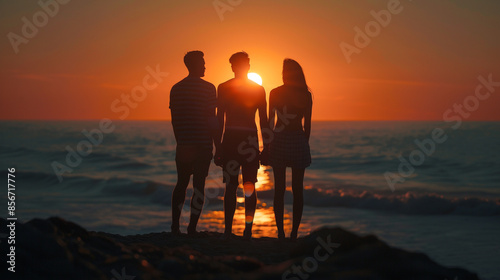 riends create silhouettes against the setting sun, showcasing their beach style. photo