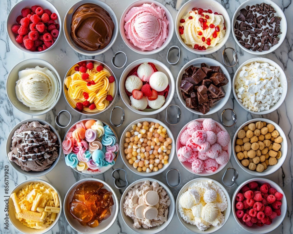 Aerial view of a vibrant ice cream sundae bar with assorted toppings and sauces, beautifully arranged on a counter Aerial view of a vibrant ice cream sundae bar with assorted toppings and sauces, beautifully arranged on a counter