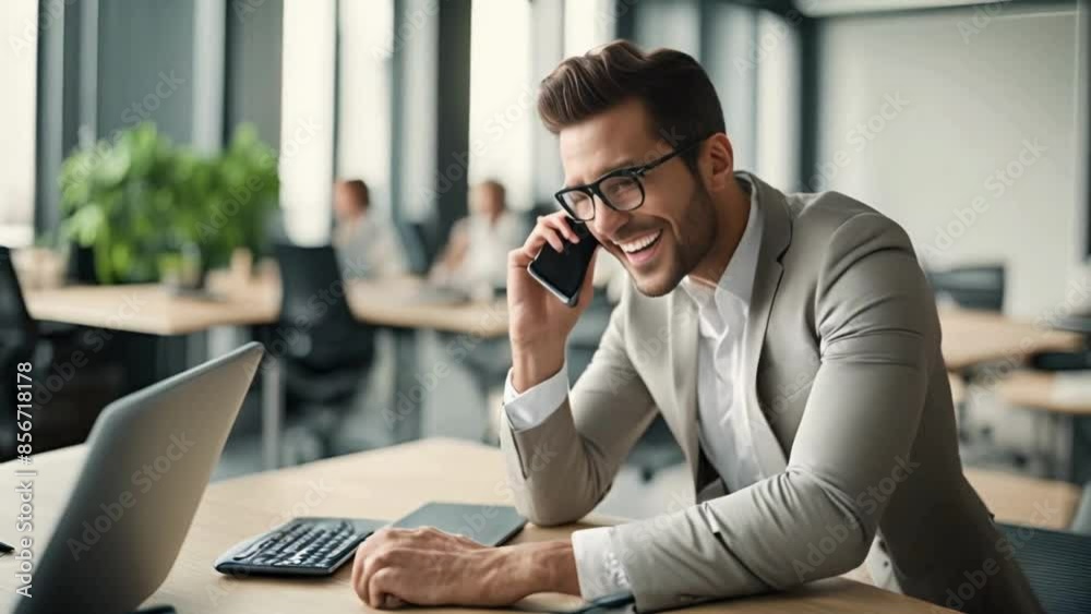 The cheerful young business owner is having a conversation on their mobile phone in a contemporary office setting. The cheerful young business owner is having a conversation on their mobile phone in a contemporary office setting.