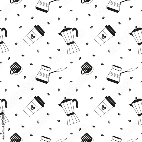 Different types of coffee and coffee beans seamless pattern. Repeating background with Turkish, Italian, takeaway coffee and cup with drink. Design ornament for print, textile, wrapping, card, paper