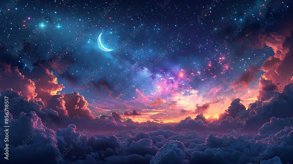 A celestial dreams wall background with constellations and a crescent moon, set against a backdrop of colorful nebulas and twinkling stars, deep and rich tones of blue, pink, and violet A celestial dreams wall background with constellations and a crescent moon, set against a backdrop of colorful nebulas and twinkling stars, deep and rich tones of blue, pink, and violet