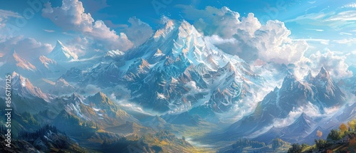 Majestic Mountain Peak with Clouds and Valley.