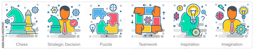 A set of 6 Business icons as chess, strategic decision, puzzle A set of 6 Business icons as chess, strategic decision, puzzle