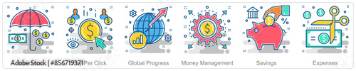 A set of 6 Business icons as insurance, pay per click, global progress