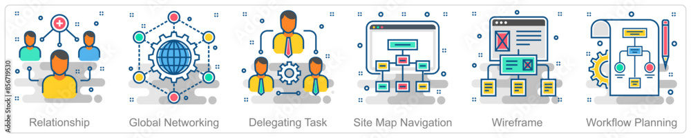 A set of 6 Business icons as relationship, global networking, delegating task A set of 6 Business icons as relationship, global networking, delegating task