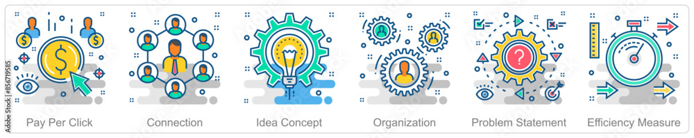 A set of 6 Business icons as pay per click, connection, idea concep A set of 6 Business icons as pay per click, connection, idea concep