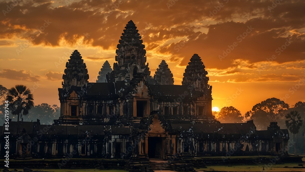 Fototapeta premium The mystical temples of Angkor Wat as the sun rises, painting the sky in hues of orange and gold ai-generated