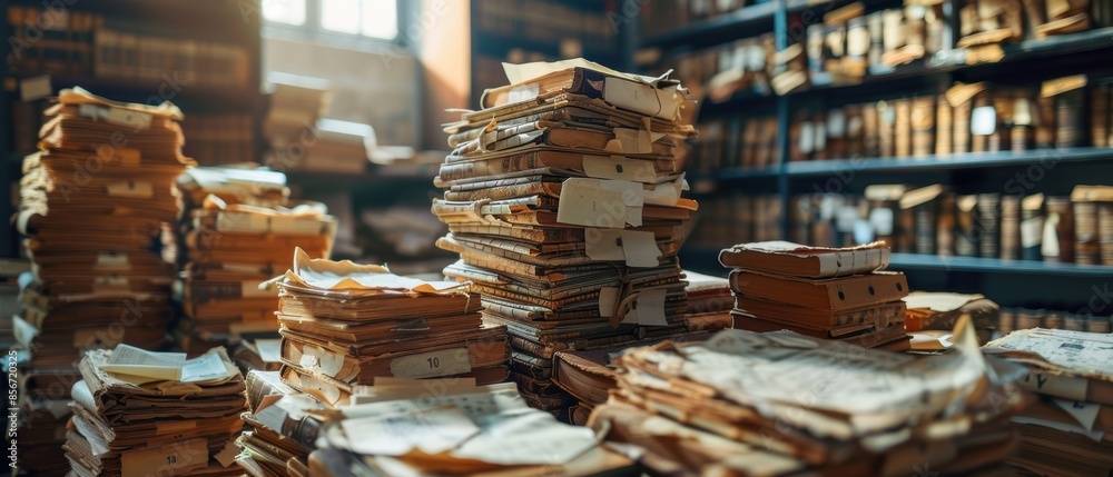 Fototapeta premium Stacks of Old Books in a Library.