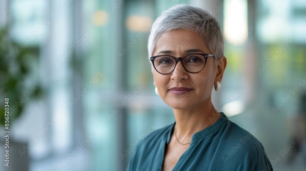 Fototapeta premium Portrait of a confident older woman with short gray hair and glasses in a modern office setting, perfect for business and corporate themes.
