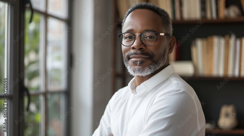 A confident older man with glasses and a white shirt standing by a window, perfect for business and professional themes. A confident older man with glasses and a white shirt standing by a window, perfect for business and professional themes.