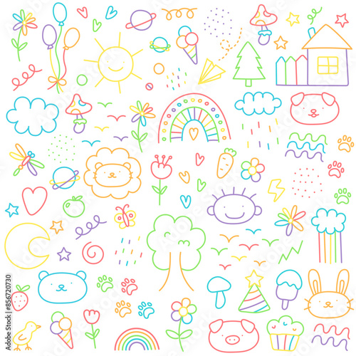 Children scribble set. Hand drawn colored set of simple elements. Icons set such as clouds, rainbow, animals, scribble, flowers, hearts, stars, lines isolated on white background. Vector illustration