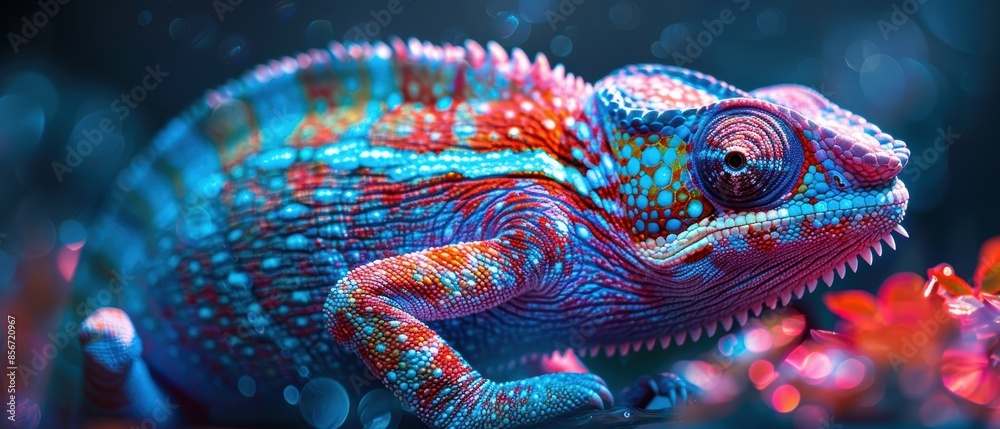 Chameleon Close Up with Blue and Red Bokeh. Chameleon Close Up with Blue and Red Bokeh.