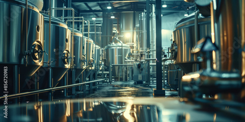A brewery with giant stainless steel vats and pipes, automated systems controlling the fermentation process photo