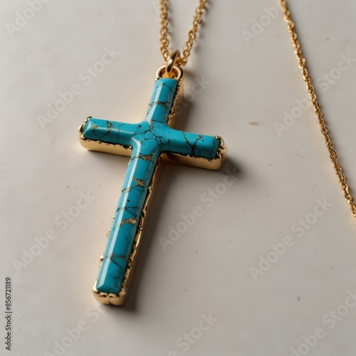 a blue cross with gold trim is on a gold chain