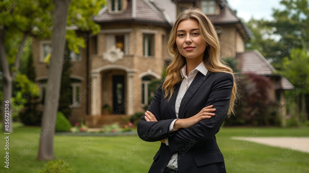 Portrait of a confident young businesswoman standing with folded arms in front of a suburban home, perfect for real estate and business themes. Portrait of a confident young businesswoman standing with folded arms in front of a suburban home, perfect for real estate and business themes.
