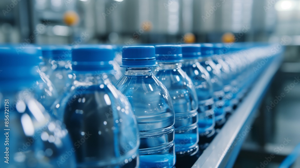 Close-up view of a bottled water production line in a factory, highlighting the industrial process and automation, perfect for industrial and manufacturing themes. Close-up view of a bottled water production line in a factory, highlighting the industrial process and automation, perfect for industrial and manufacturing themes.