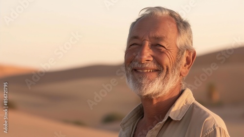 Portrait of a smiling older man with gray hair and beard in a desert setting, representing resilience and wisdom, perfect for lifestyle and senior-themed projects.