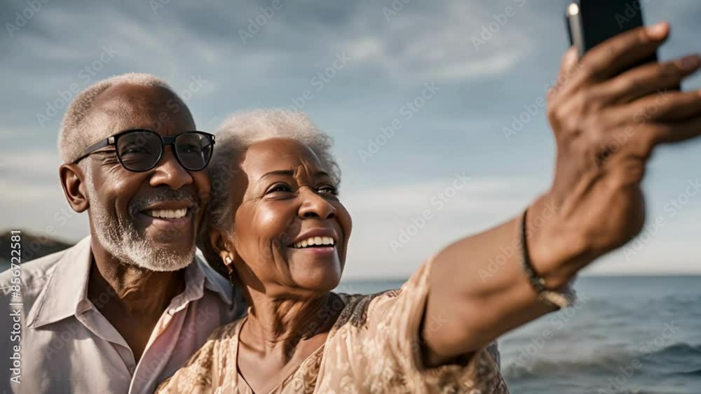 A delightful elderly African American couple capturing a self-portrait against the backdrop of the serene sea. A delightful elderly African American couple capturing a self-portrait against the backdrop of the serene sea.