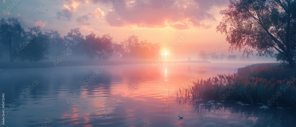 Serene Sunset over Misty Lake. Serene Sunset over Misty Lake.