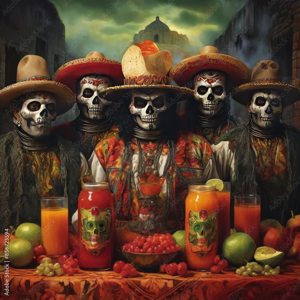 Fototapeta premium a group of skulls with sombrero on them are standing in front of a table with fruit and fruit 