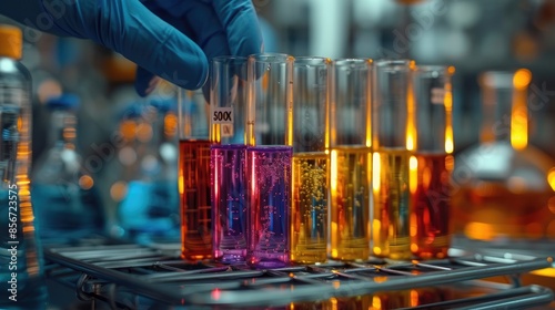 Scientist Examining Colorful Chemical Solutions in Laboratory