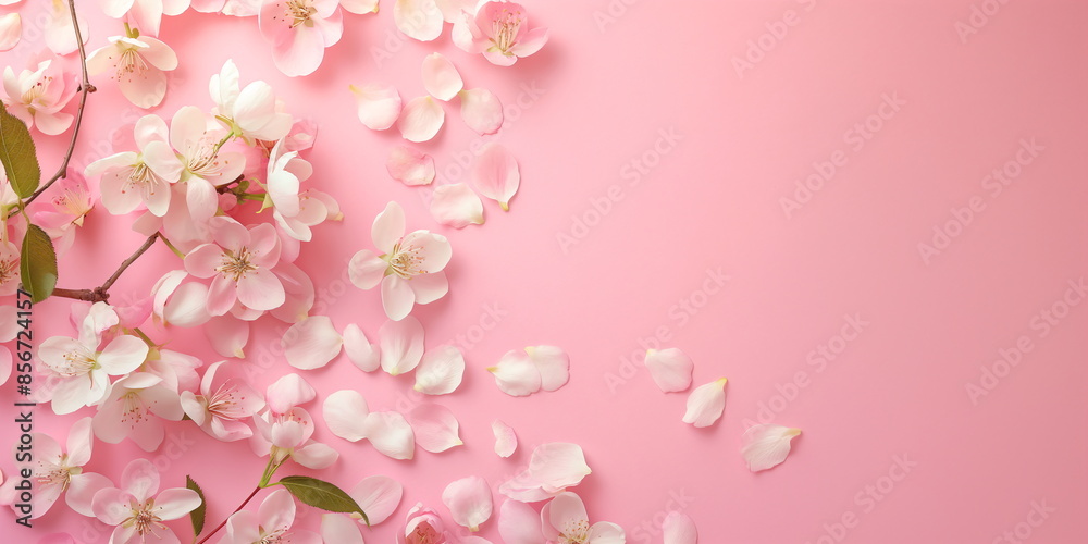 Banner with flowers on peach color background. Greeting card template for Wedding, mothers or womans day. Springtime composition with copy space. Flat lay style Banner with flowers on peach color background. Greeting card template for Wedding, mothers or womans day. Springtime composition with copy space. Flat lay style