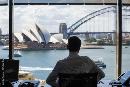Successful Australian Businessman in Sydney Office Overlooking Opera House Skyline