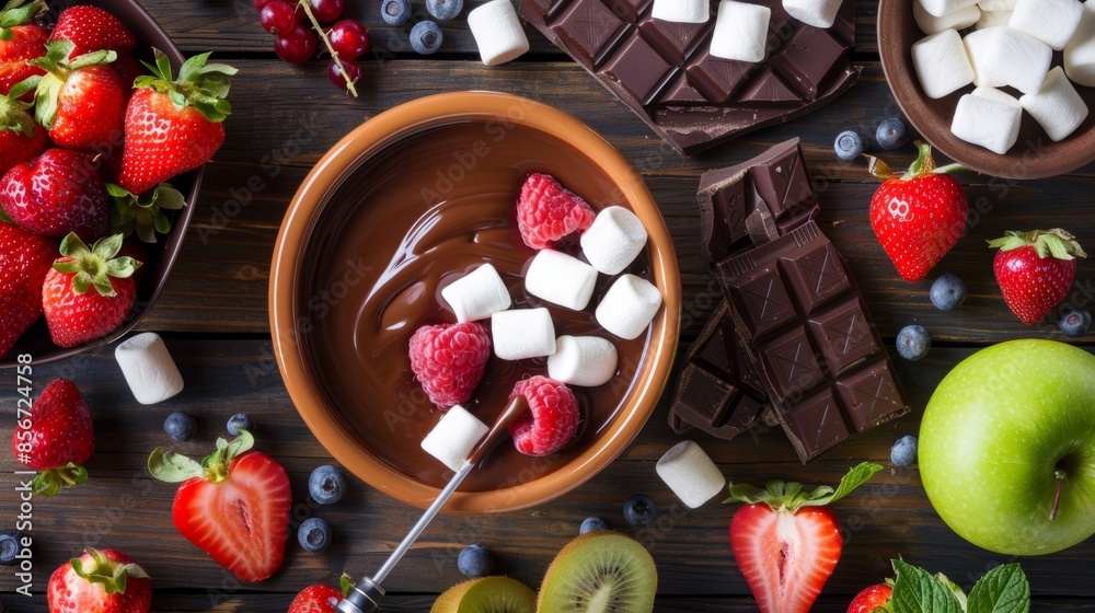 Top-down view of a chocolate fondue with fresh fruits and marshmallows Top-down view of a chocolate fondue with fresh fruits and marshmallows