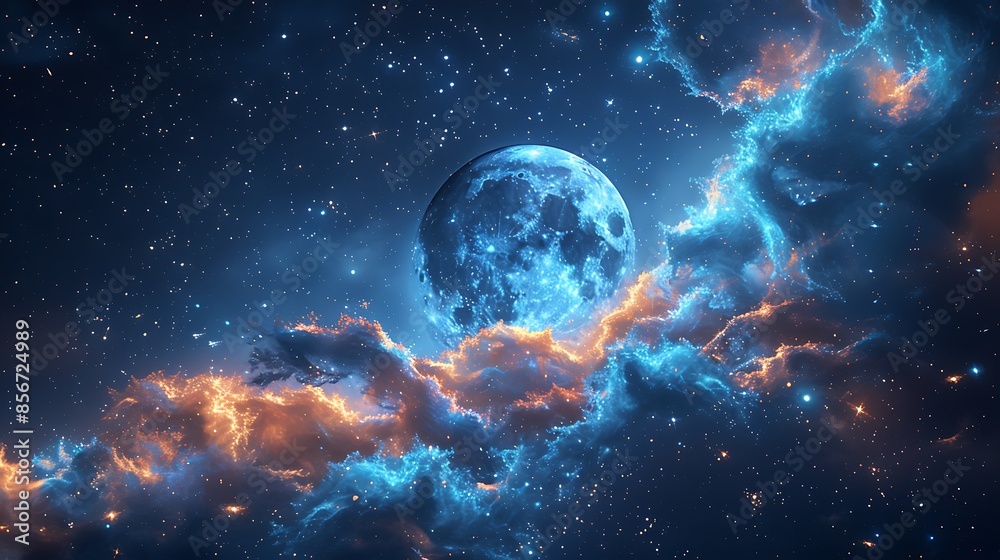 A dreamy celestial wall background featuring a crescent moon and constellations, set against a backdrop of vibrant nebulas and twinkling stars, rich hues of blue and violet, creating an otherworldly A dreamy celestial wall background featuring a crescent moon and constellations, set against a backdrop of vibrant nebulas and twinkling stars, rich hues of blue and violet, creating an otherworldly