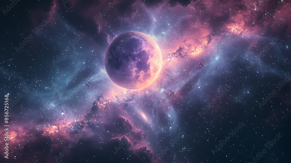 A dreamy celestial wall background with stars and planets, including a glowing crescent moon and colorful nebulas, vibrant and soft hues of purple, blue, and pink, creating a peaceful A dreamy celestial wall background with stars and planets, including a glowing crescent moon and colorful nebulas, vibrant and soft hues of purple, blue, and pink, creating a peaceful