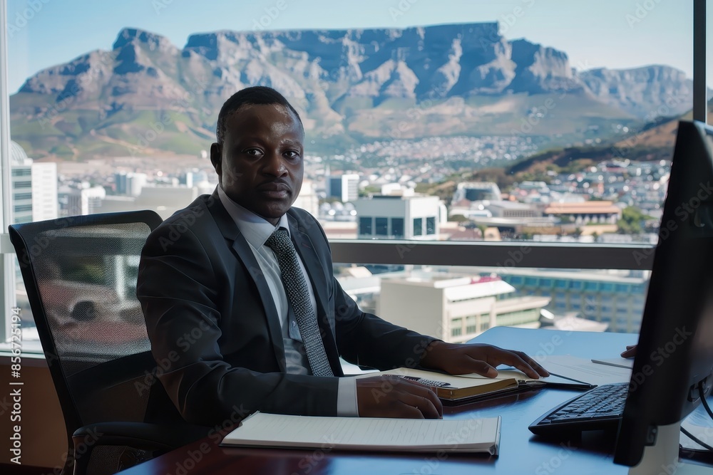 Fototapeta premium Successful South African Businessman Planning Investment Strategies in Cape Town Office