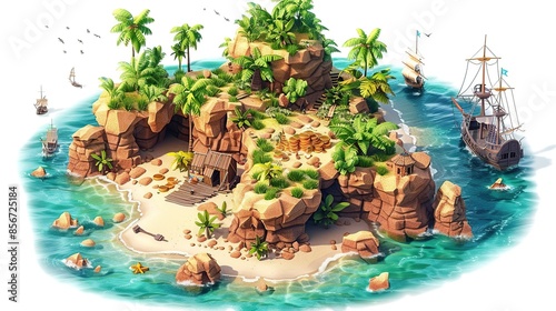 Isolated Tropical Island for Video Game Design with Ships