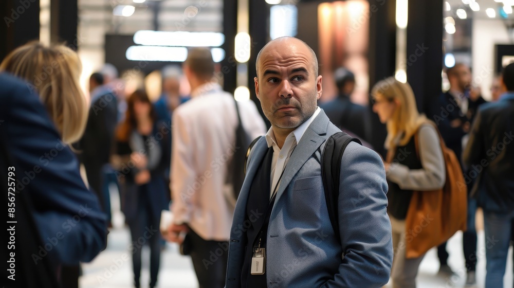 Suave French Businessman Exploring Luxury Goods at Paris Expo Suave French Businessman Exploring Luxury Goods at Paris Expo
