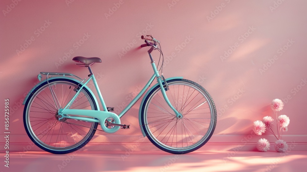 Fototapeta premium Blue Bicycle Leaning Against a Pink Wall