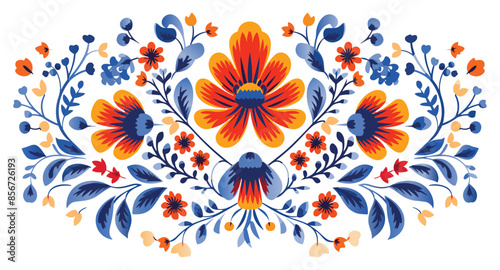 Mexican flower traditional pattern background. Mexican ethnic embroidery decoration ornament. Flower symmetry texture. Ornate folk graphic, wallpaper. Festive mexican floral motif. Vector illustration