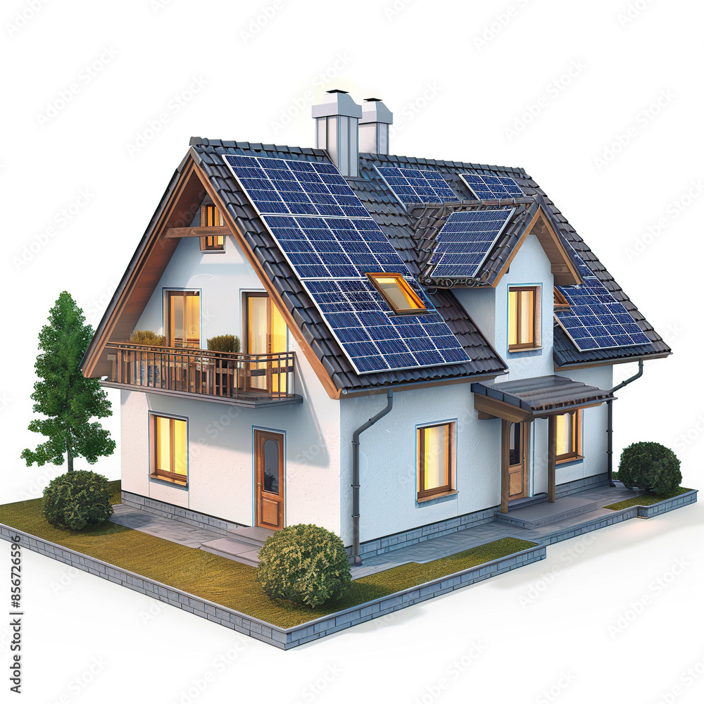 3d model of house with solar panels isolated on white background 3d model of house with solar panels isolated on white background