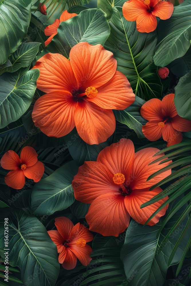 Vibrant Orange Hibiscus Flowers in a Tropical Garden Vibrant Orange Hibiscus Flowers in a Tropical Garden