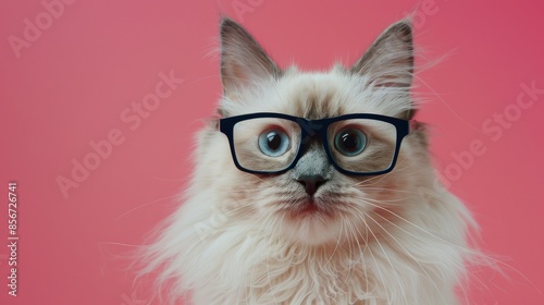 A Cat Wearing Glasses on a Pink Background © leymart
