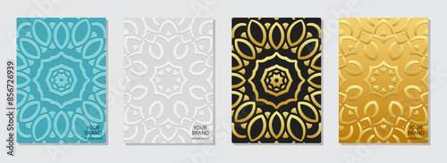 Set of covers, vertical templates. Collection of relief, geometric backgrounds with artistic 3D pattern, golden texture. Ethnic ornaments, handmade creativity of the East, Asia, India, Mexico, Aztec,