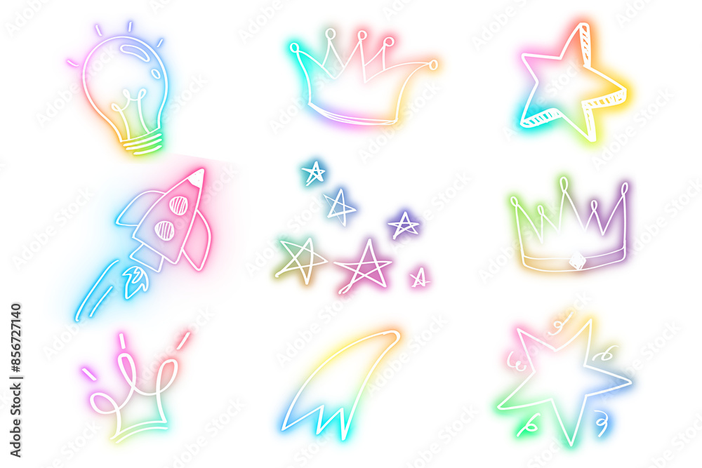 Naklejka premium Png colorful doodle glow neon icon element set