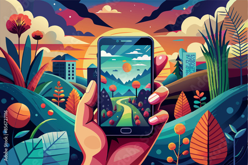the hand holding the smartphone. it takes up most of the space in the grip of the hand, emphasizing the focus on technology and connectivity.
