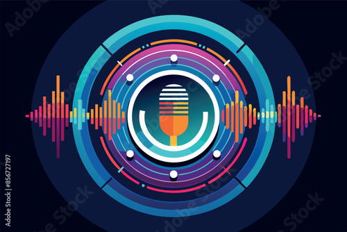 audio equalizer. In the center of attention is a round spectrum analyzer with multicolored bars representing different frequencies, atmospheric sense of dynamic sound and rhythm,